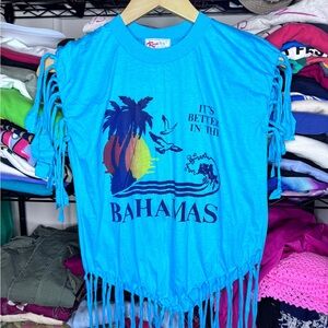 Vintage Bahamas Vacation Graphic T-Shirt Women size L with cut fringe